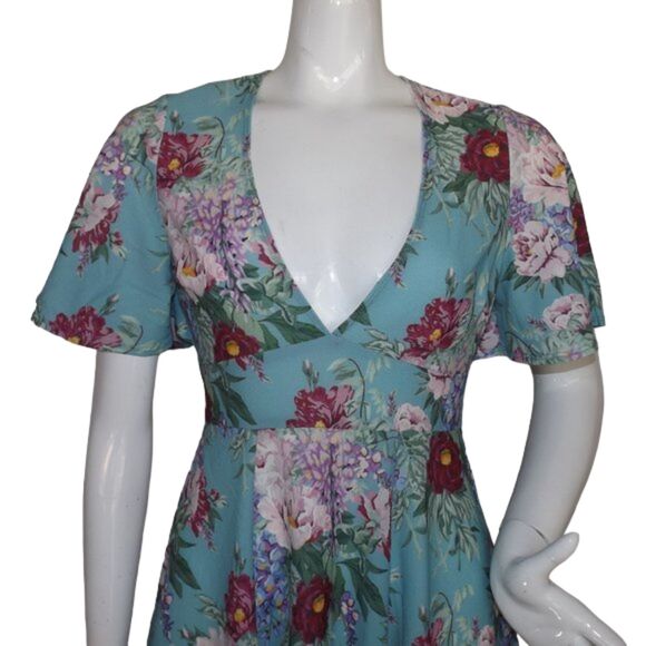 SHOW ME YOUR MUMU Mini Dress, M, Blue/Multicolor Floral, Plunging V-neck - Picture 5 of 13